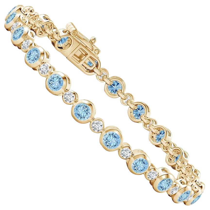 Bezel-Set 3.15ct Aquamarine and Diamond Tennis Bracelet in 14K Yellow Gold For Sale