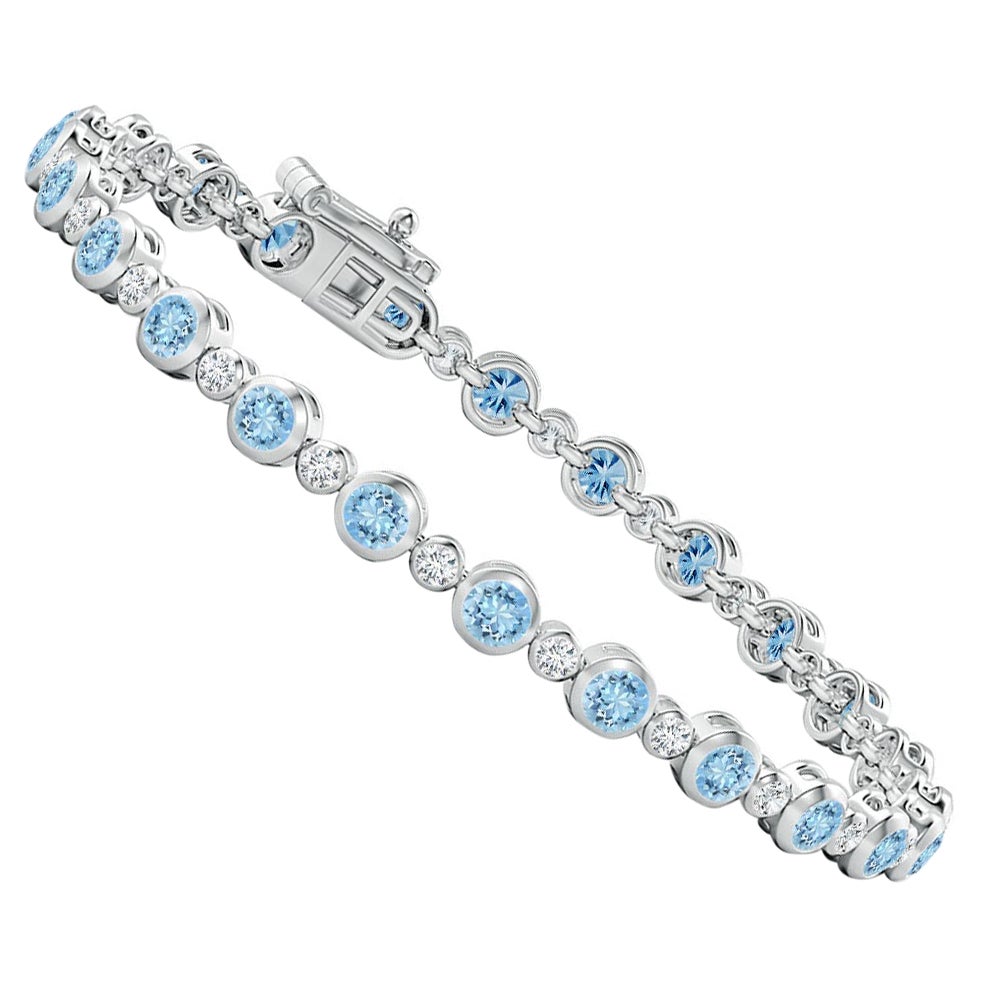Bracciale tennis con castone, acquamarina e diamanti da 2,40 carati in oro bianco 14 carati in vendita
