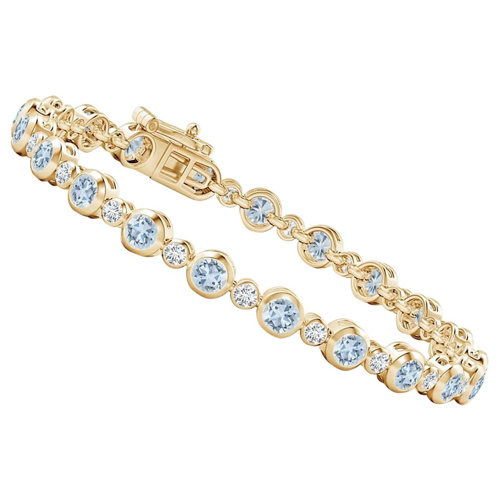 Bezel-Set 3.15ct Aquamarine and Diamond Tennis Bracelet in 14K Yellow Gold