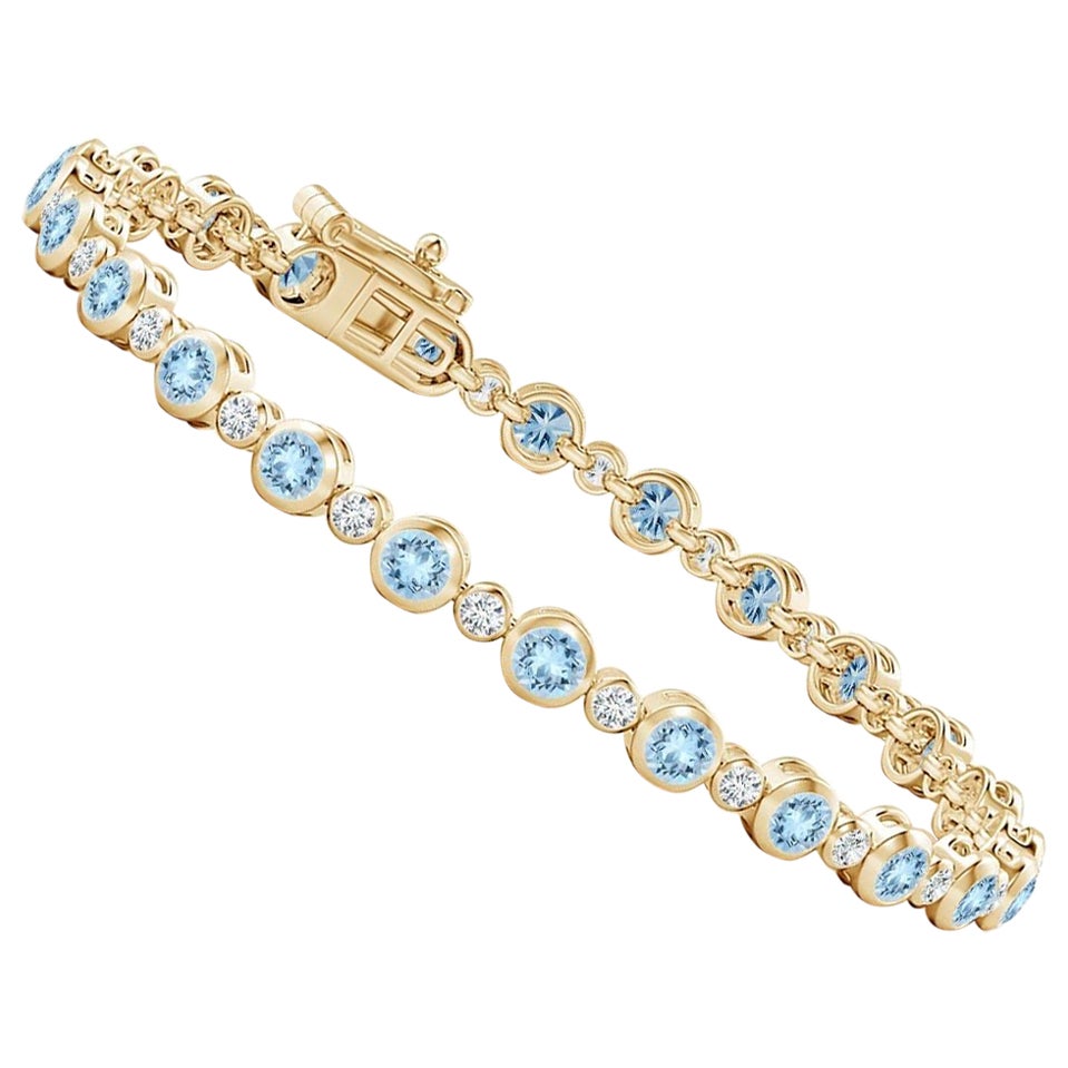 Bezel-Set 2.40ct Aquamarine and Diamond Tennis Bracelet in 14K Yellow Gold For Sale