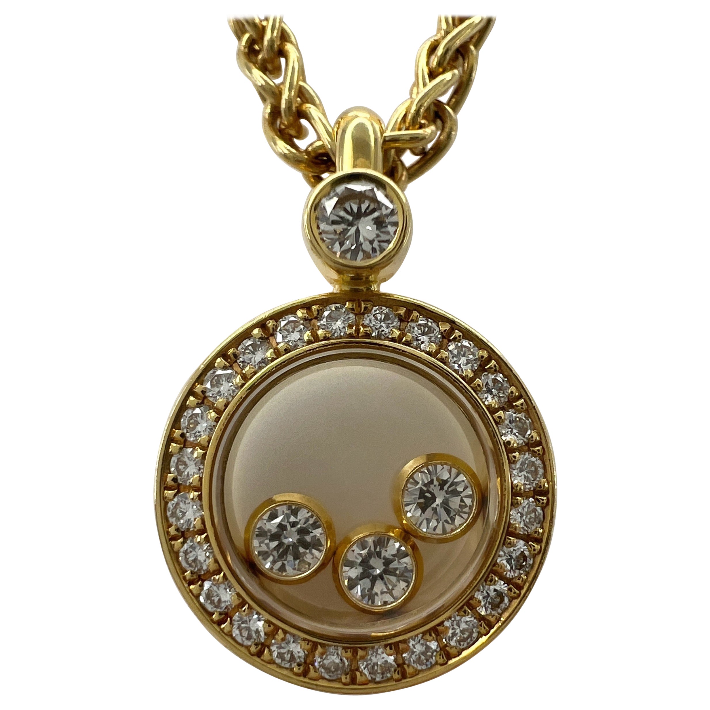 Fine Chopard Happy Diamonds Round Halo 18k Yellow Gold Pendant Necklace with Box For Sale