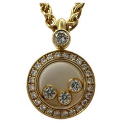 Used Fine Chopard Happy Diamonds Round Halo 18k Yellow Gold Pendant Necklace with Box