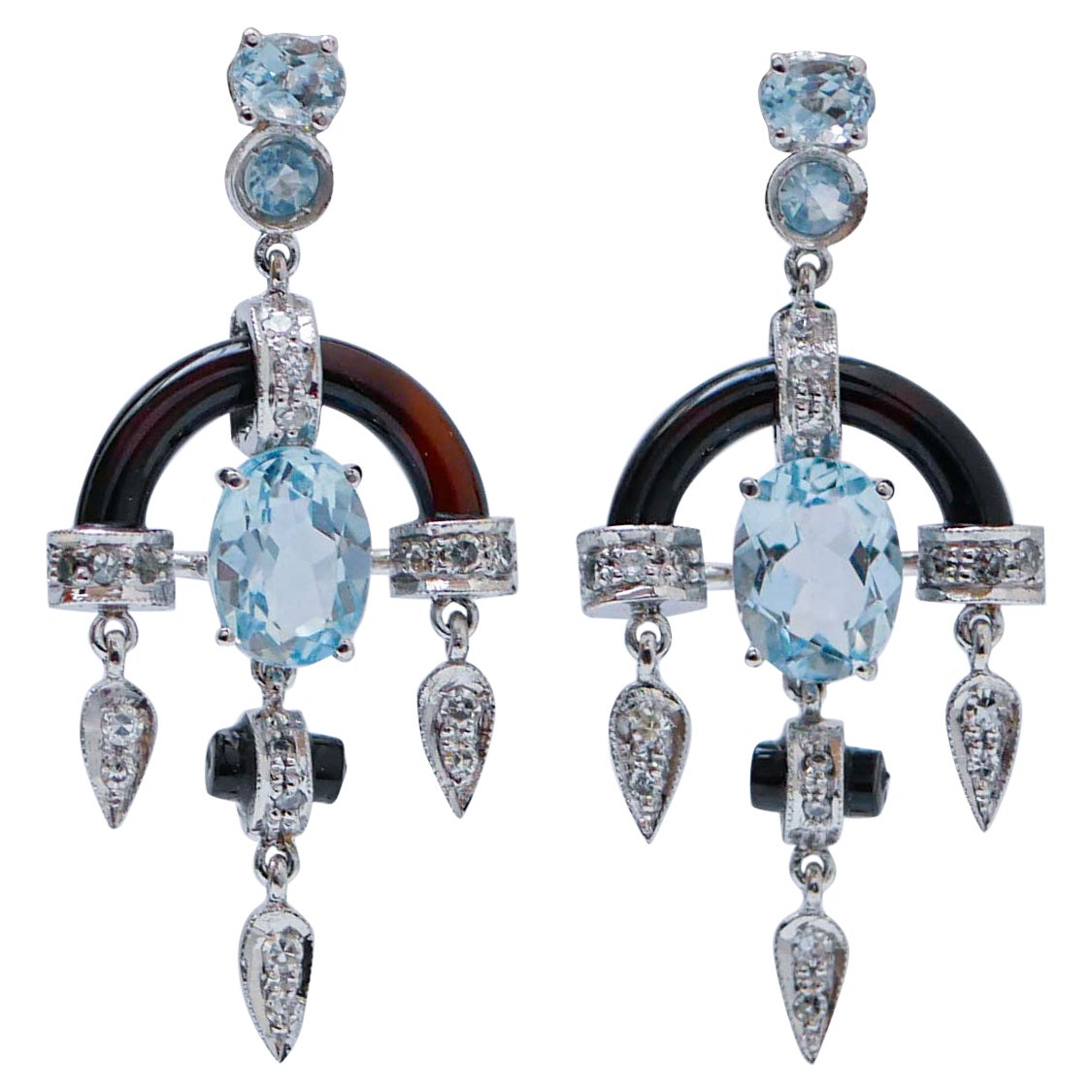 Aquamarine Colour Topazs, Diamonds, Onyx, Platinum Dangle Earrings. For Sale