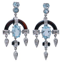 Vintage Aquamarine Colour Topazs, Diamonds, Onyx, Platinum Dangle Earrings.