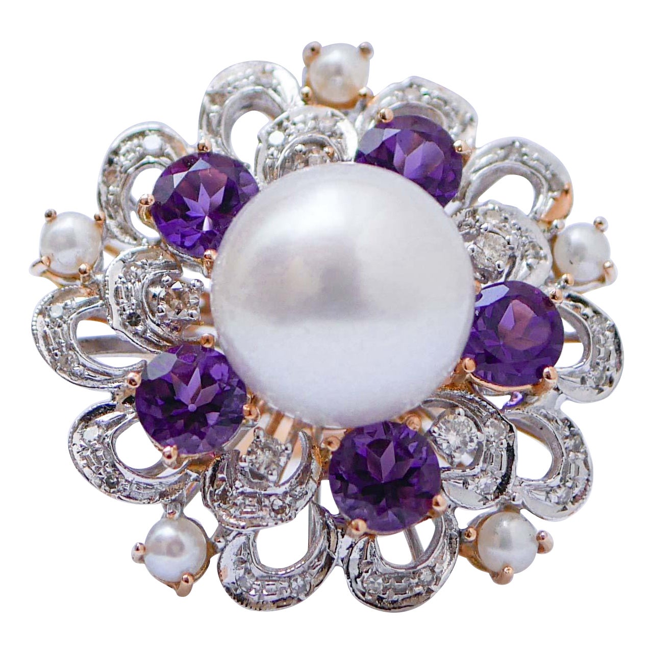 Perla del Mar del Sur, Diamantes, Amatistas, Perlas, Anillo de Oro Rosa y Oro Blanco de 14 Kt