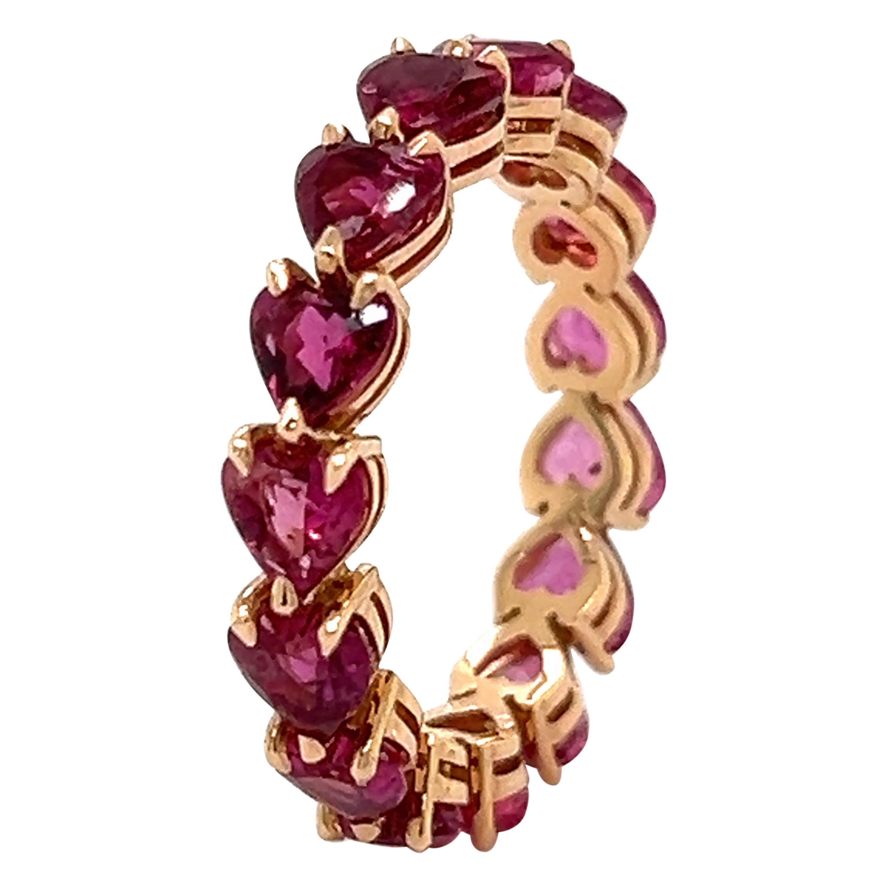 Pink Sapphire Gemstone Heart Shaped Eternity Ring 18k Rose Gold 3.85 Carat For Sale
