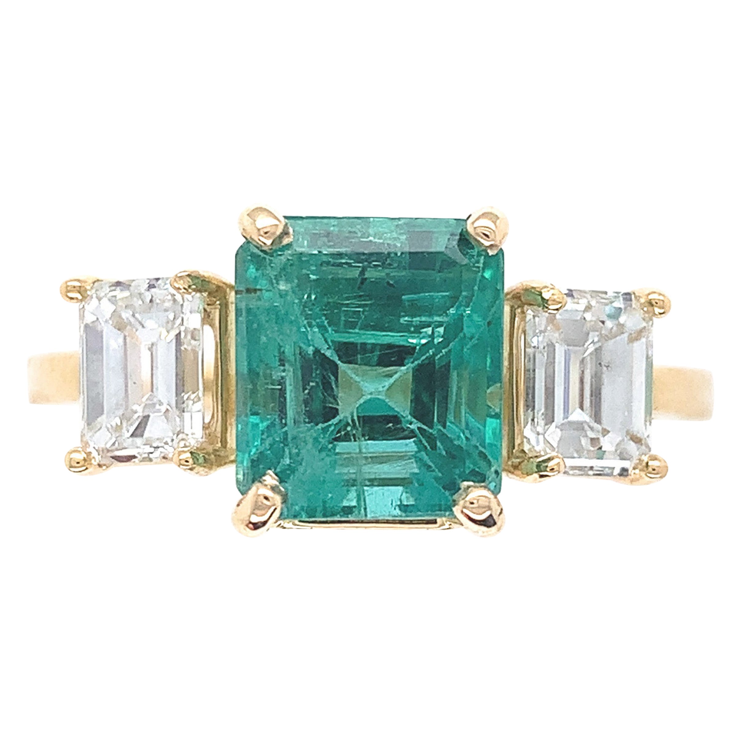 18K Yellow Gold GIA 2.86 carat Emerald and 1.02 carat Diamond Ring For Sale