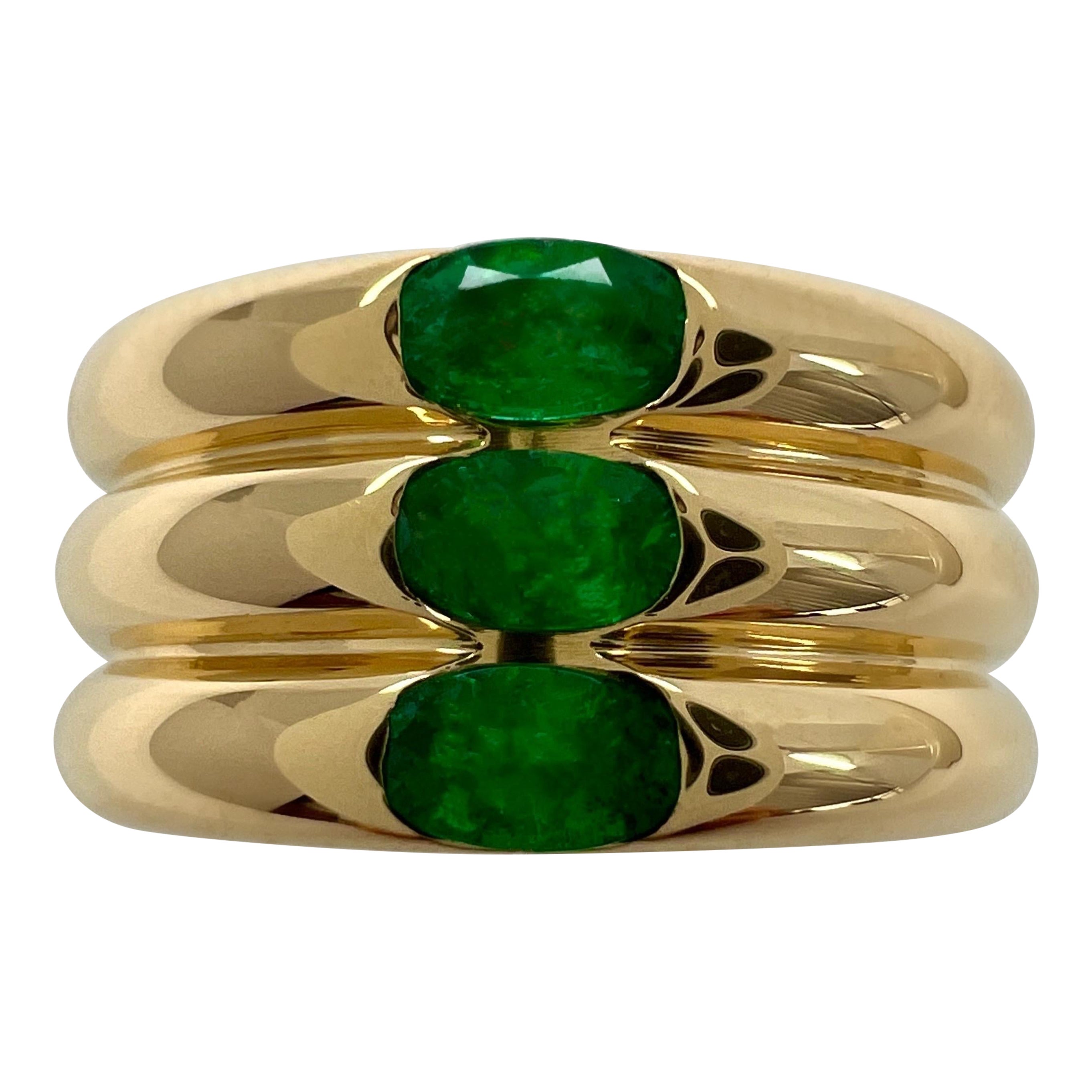 Vintage Cartier Green Emerald Ellipse 18k Yellow Gold Three Stone Band Ring 50 