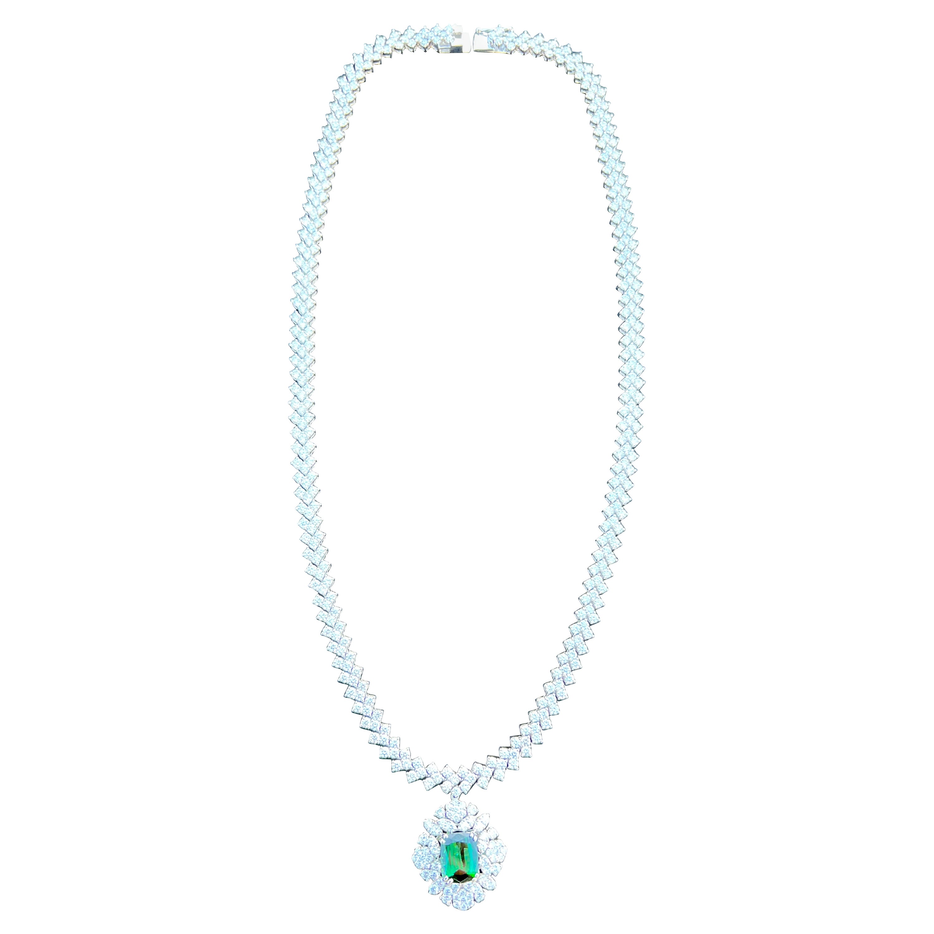  39.42 Carat VS Clarity F Color Diamond and Green Tourmaline 18K 22" Necklace