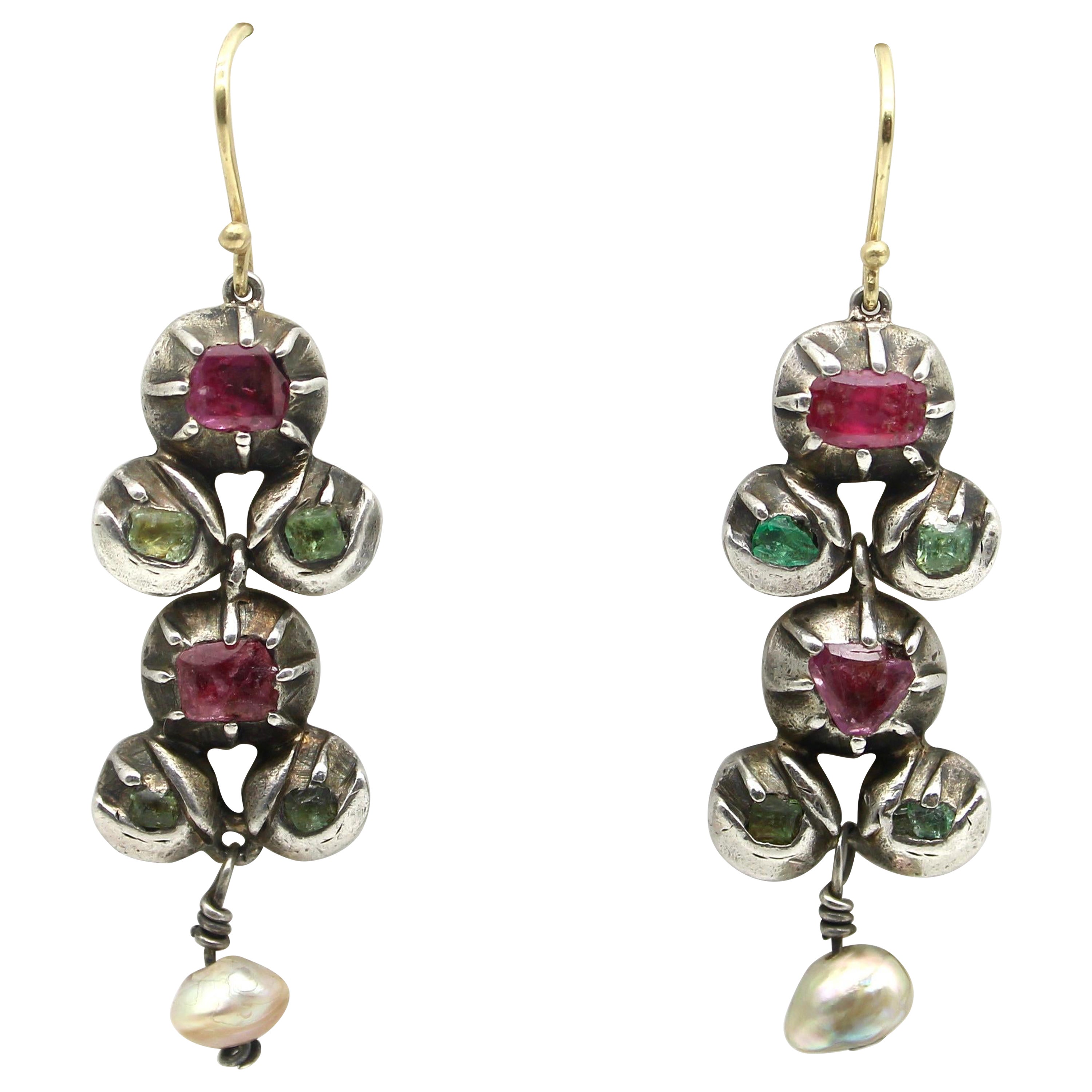 Georgian Revival Silver & 18K Gold Ruby, Emerald, & Pearl Giardinetti Earrings For Sale