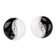 Boucles d'oreilles en or blanc 14K Onyx noir et blanc avec diamant R3216