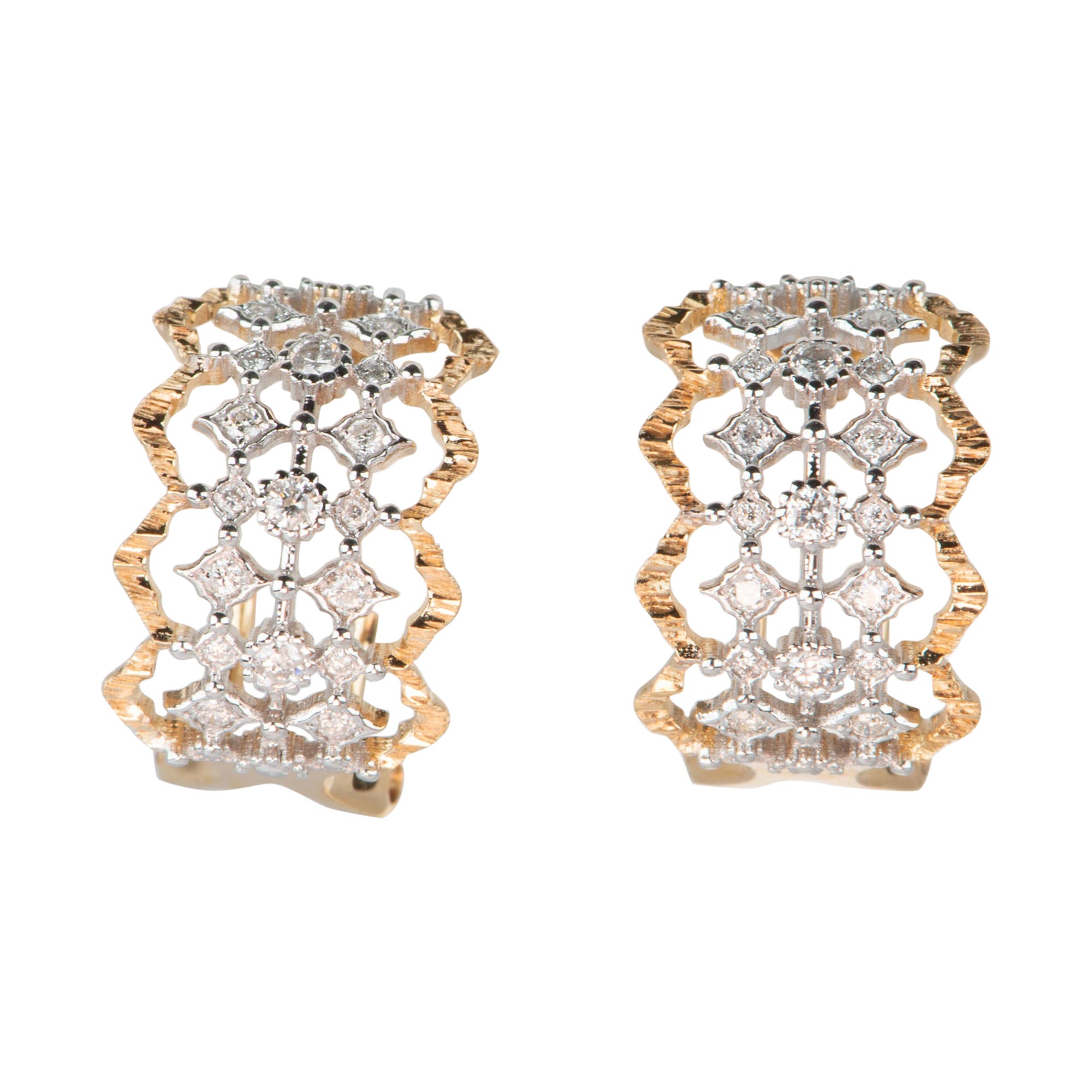 18K Gold Dual Tone Textured Huggie Earrings with Diamonds R3214 For Sale