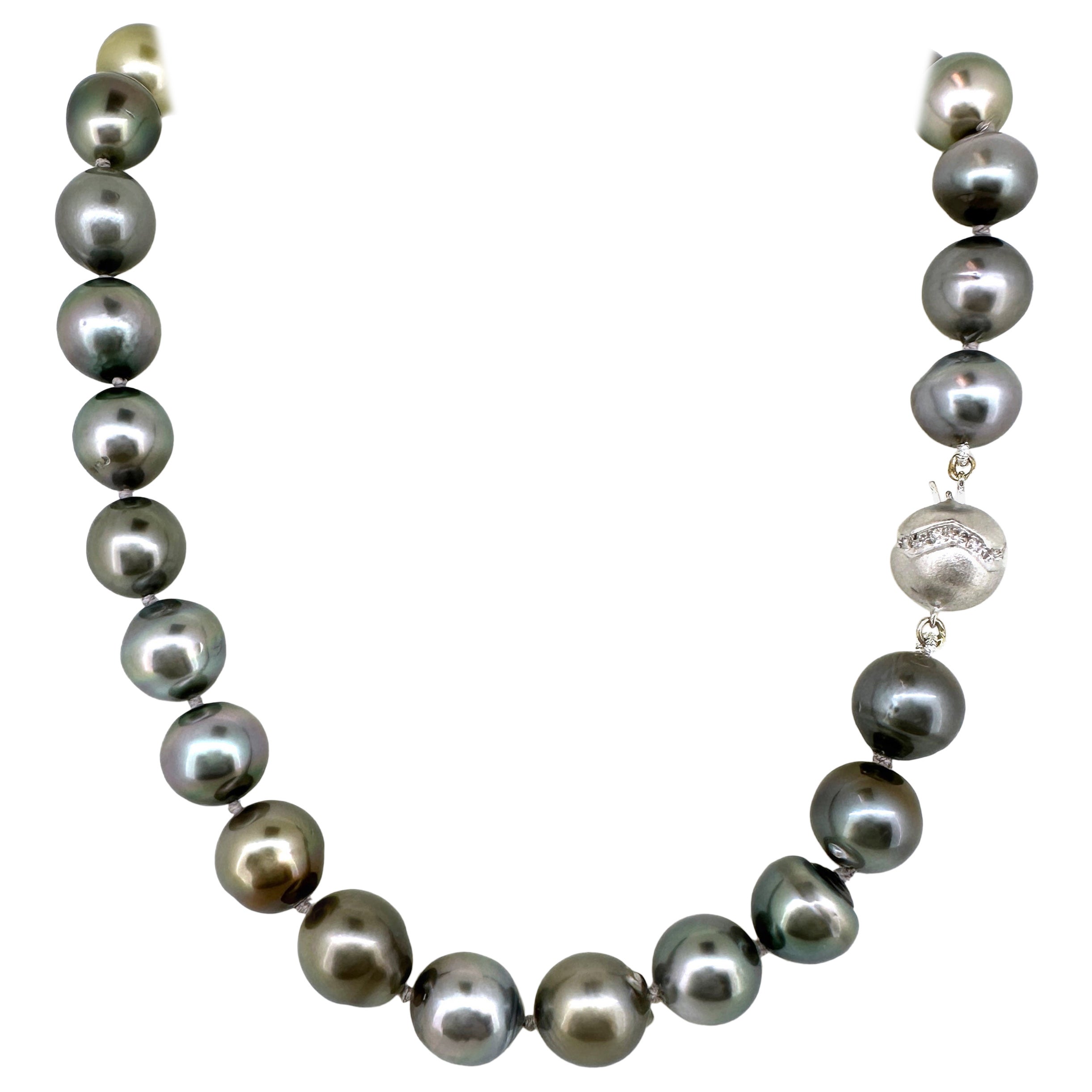 Choker-Length Strand of 11.5mm Tahitian Pearls w White Gold & Diamond Ball Clasp For Sale