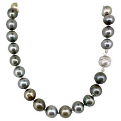 Choker-Length Strand of 11.5mm Tahitian Pearls w White Gold & Diamond Ball Clasp