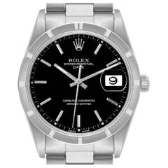 Rolex Date Black Dial Engine Turned Bezel Steel Mens Watch 15210 Box Papers