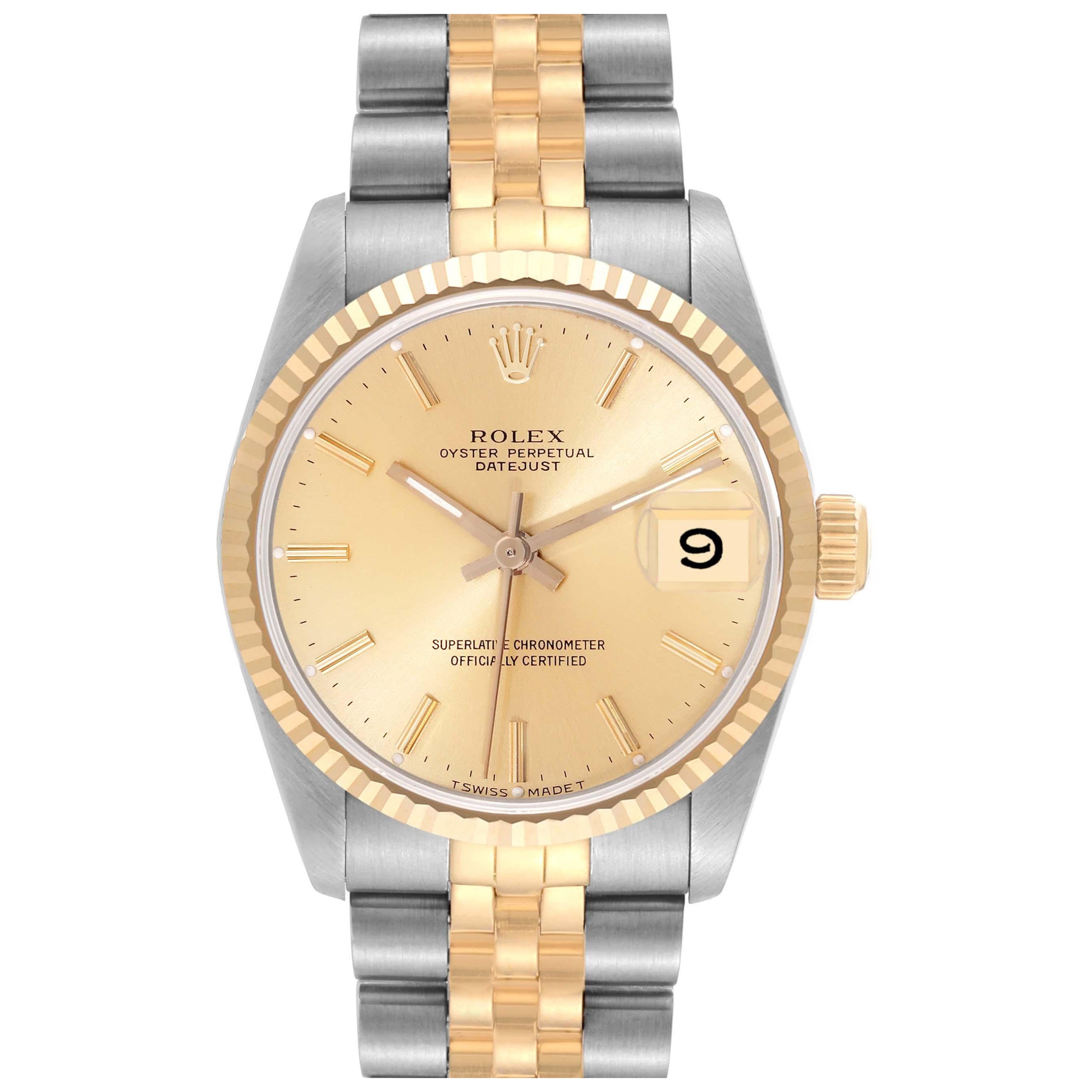 Rolex Datejust Midsize Champagne Dial Steel Yellow Gold Ladies Watch 68273 For Sale