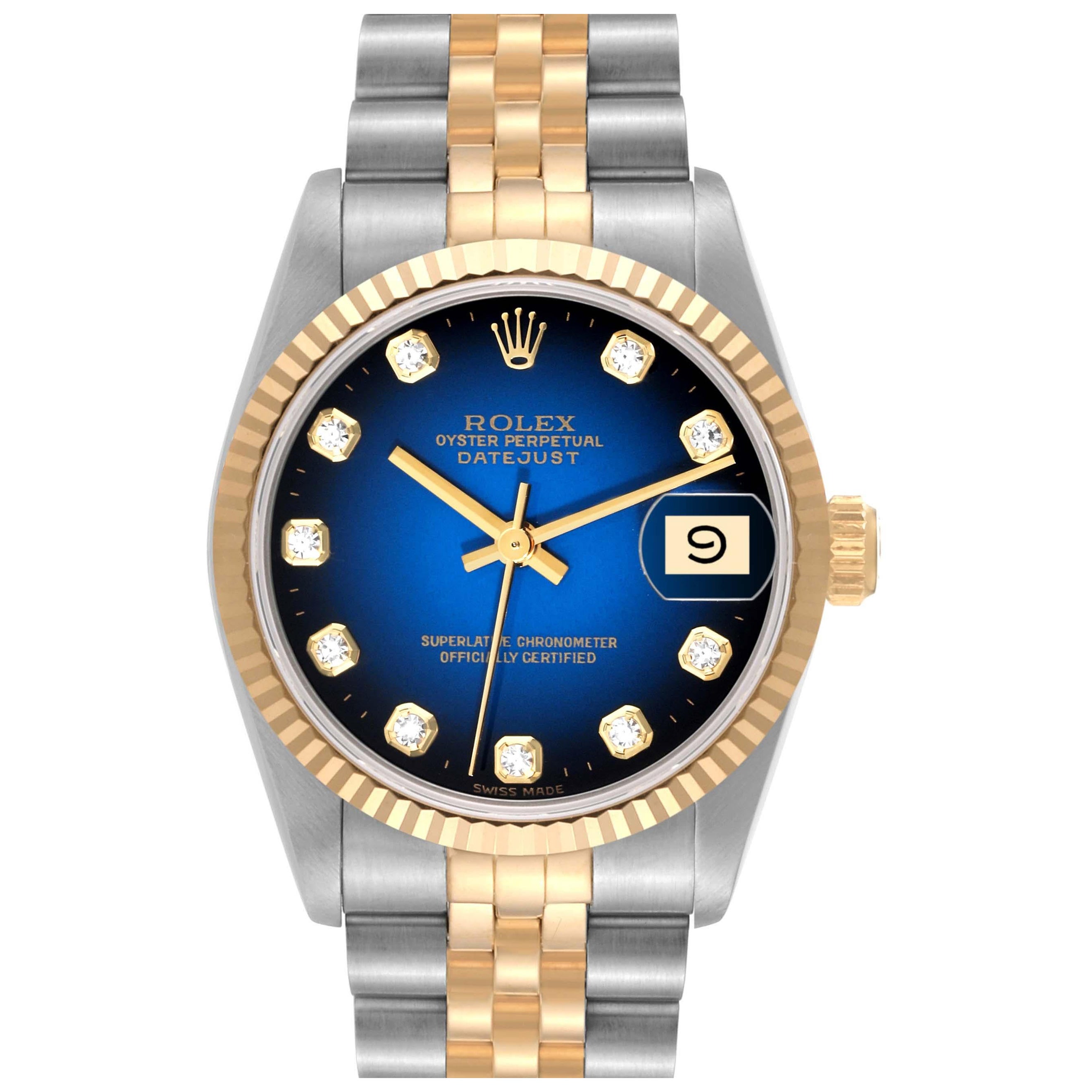 Rolex Montre Datejust midsize en acier, or jaune, diamants et Vignette pour femmes 68273