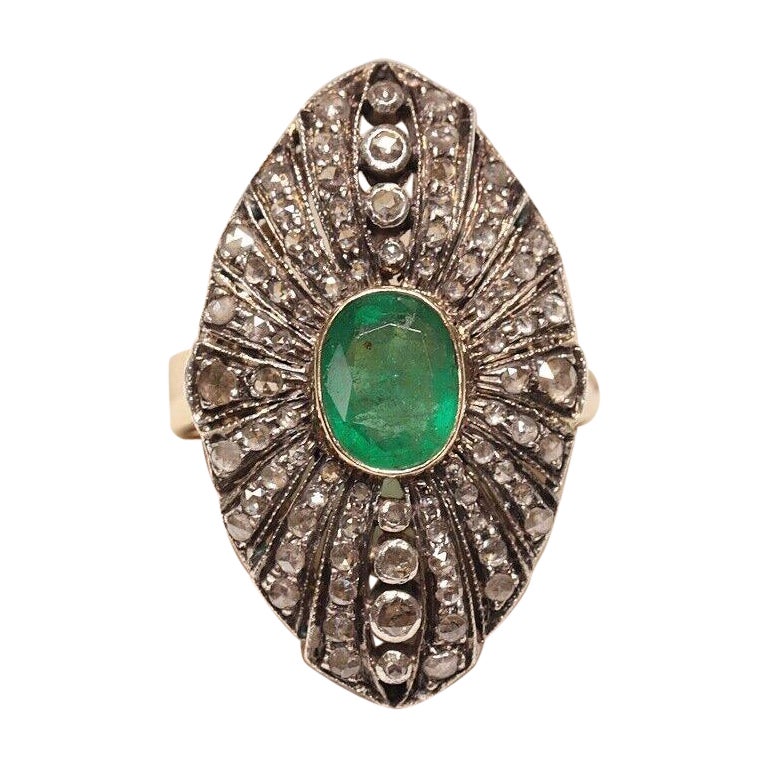Circa 1900s 18k Gold Top Silver Natural Rose Cut Diamond And Emerald Ring