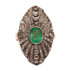 Antique Circa 1900s 18k Gold Top Silver Natural Rose Cut Diamond And Emerald Ring
