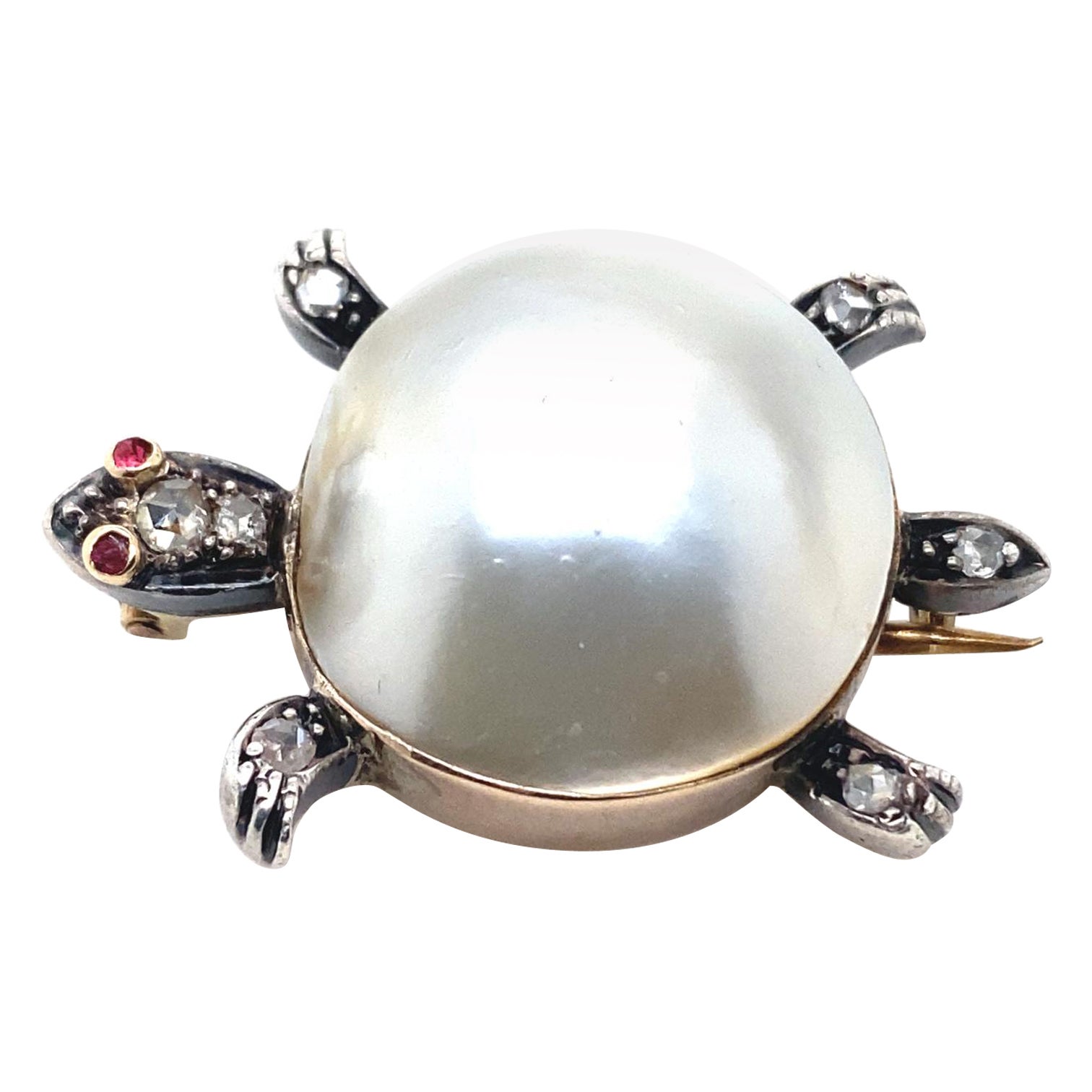 Victorian Turtle Brooch in Yellow Gold and Silver set with Diamond and Ruby
