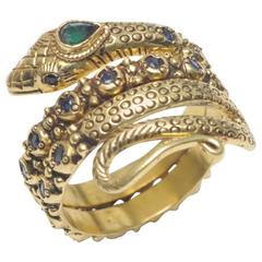 Retro Sapphire Emerald Gold Coil Snake Ring