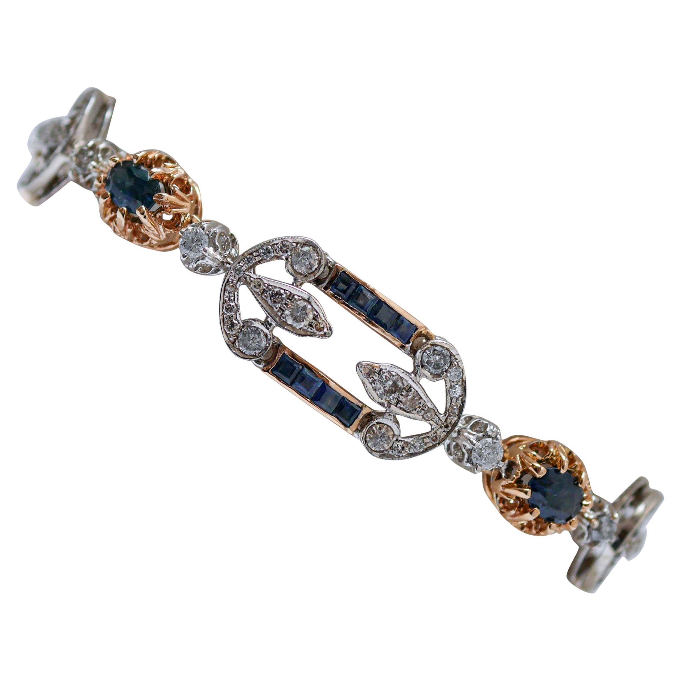 Sapphires, Diamonds, 14 Karat Rose Gold and Silver Bracelet. For Sale
