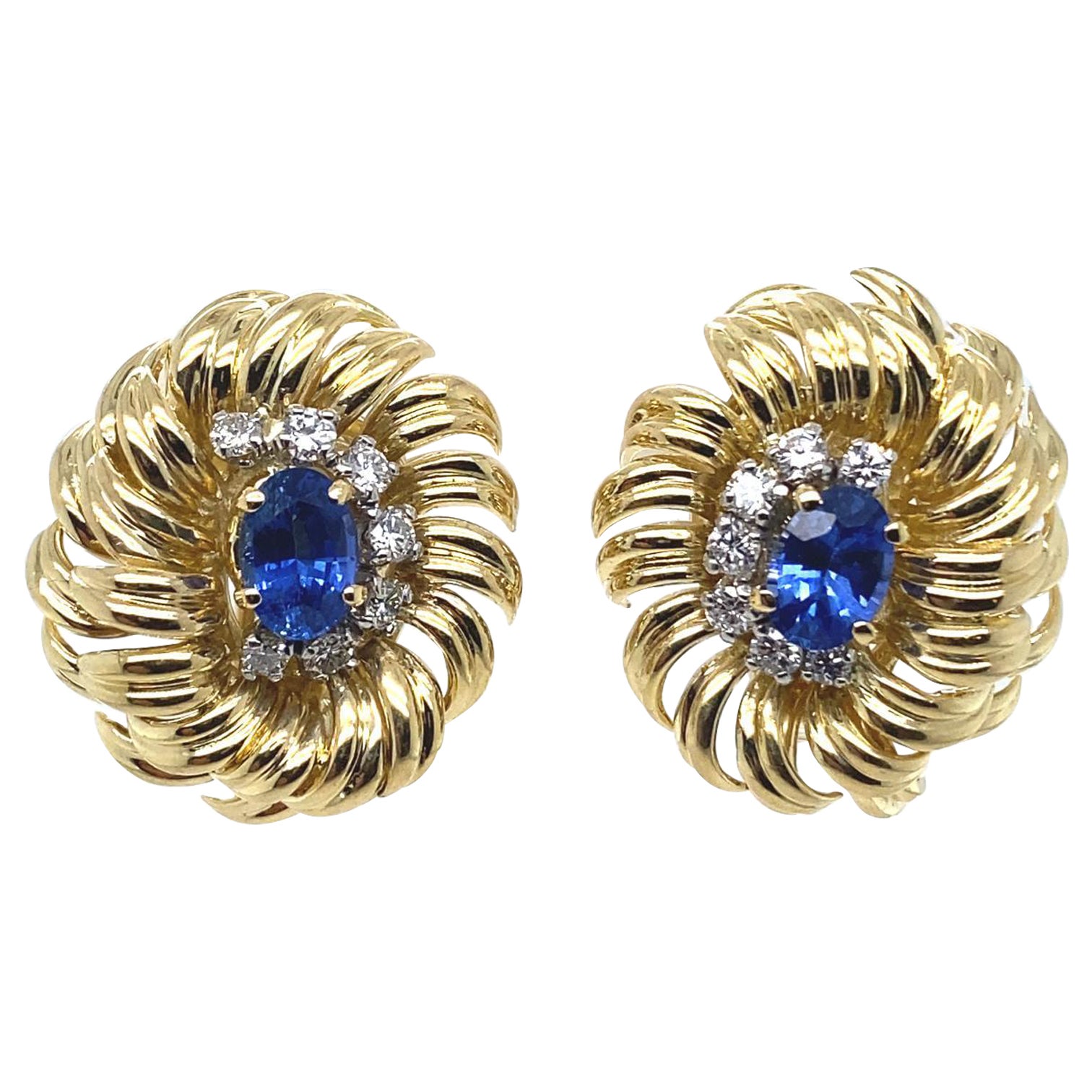 Kutchinsky 18 Karat Yellow Gold Sapphire and Diamond Clip Earrings For Sale