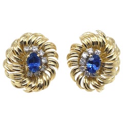 Vintage Kutchinsky 18 Karat Yellow Gold Sapphire and Diamond Clip Earrings