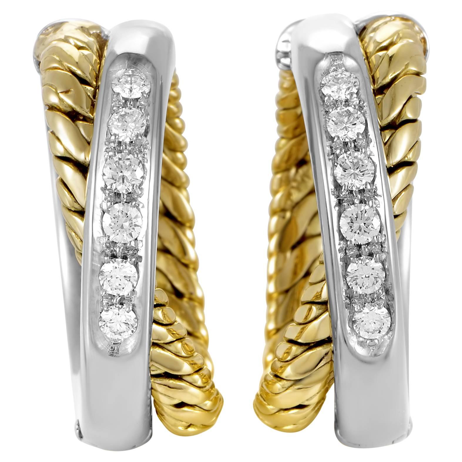 Pomellato Diamond Multi-Tone Gold Crossover Hoop Earrings