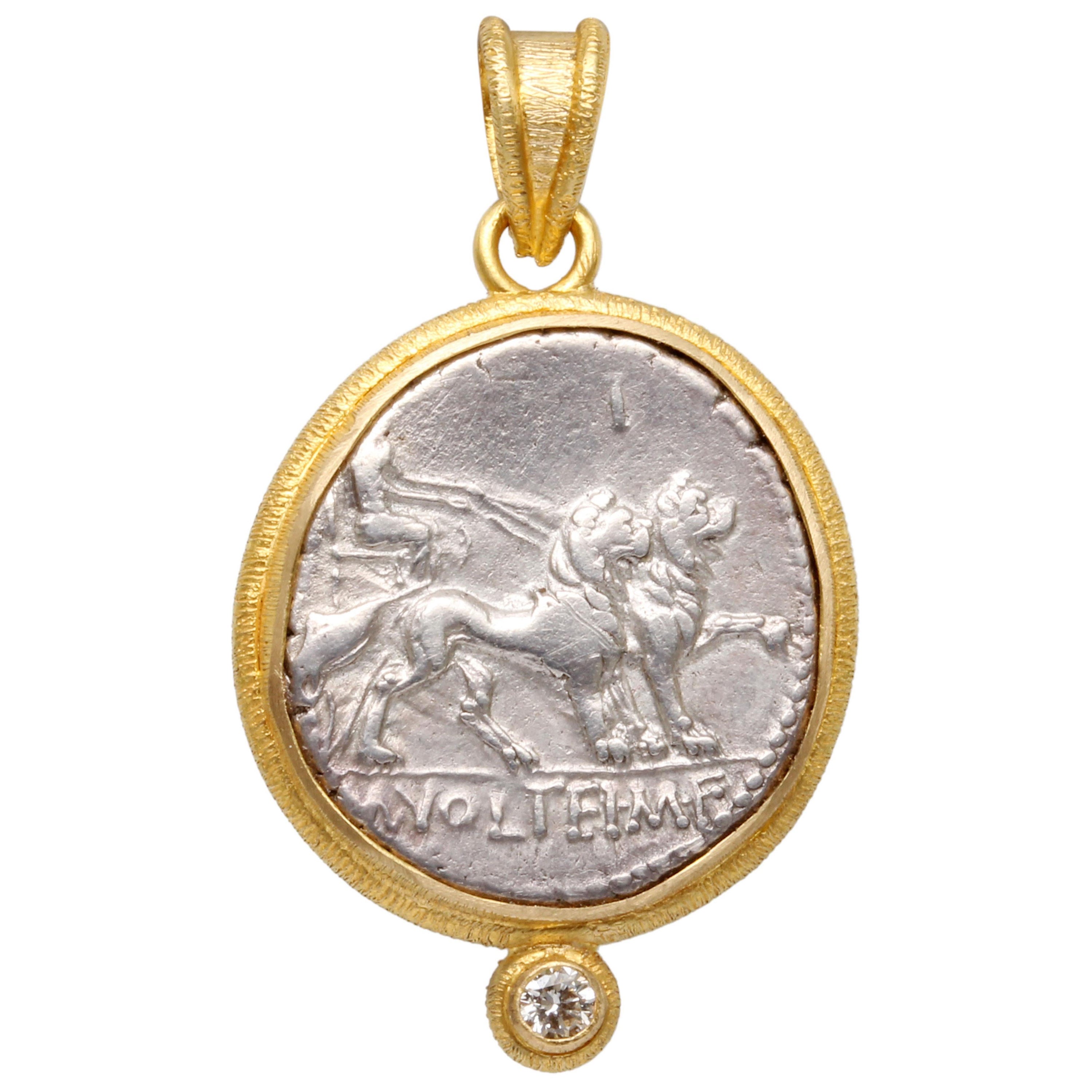 Ancient Roman 1st Century BC Cybele Chariot Lions Coin Diamond 18K Gold Pendant