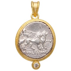 Pendentif en or 18K Cybele Chariot Lions Pièce de monnaie Diamant Ancienne Romaine 1er siècle av.