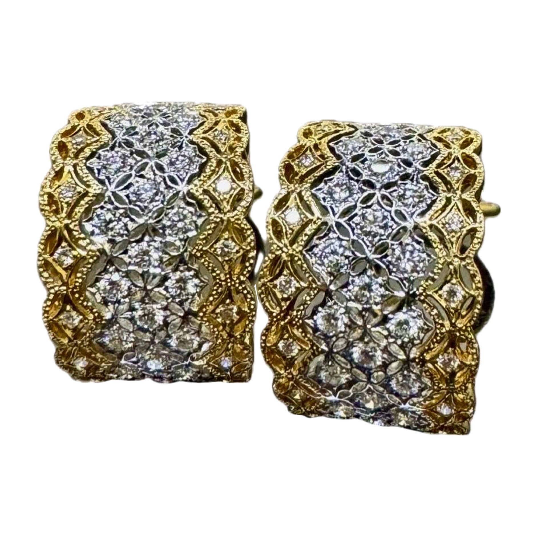 18K Gold Two Tone 2.00 Carat Diamond Huggie Earrings