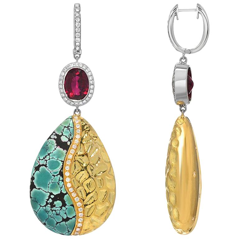 Turquoise Rubelite Tourmaline Diamond Gold Drop Earrings