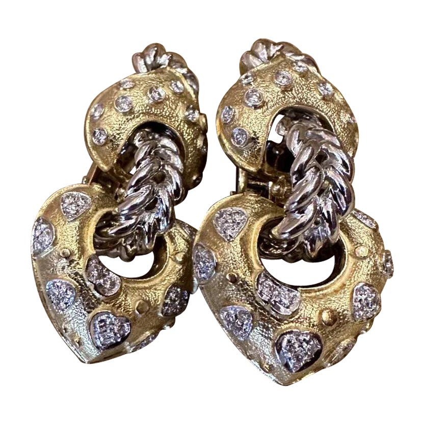 ITALIAN Diamond Heart Drop Earrings in 18k Yellow & White Gold For Sale