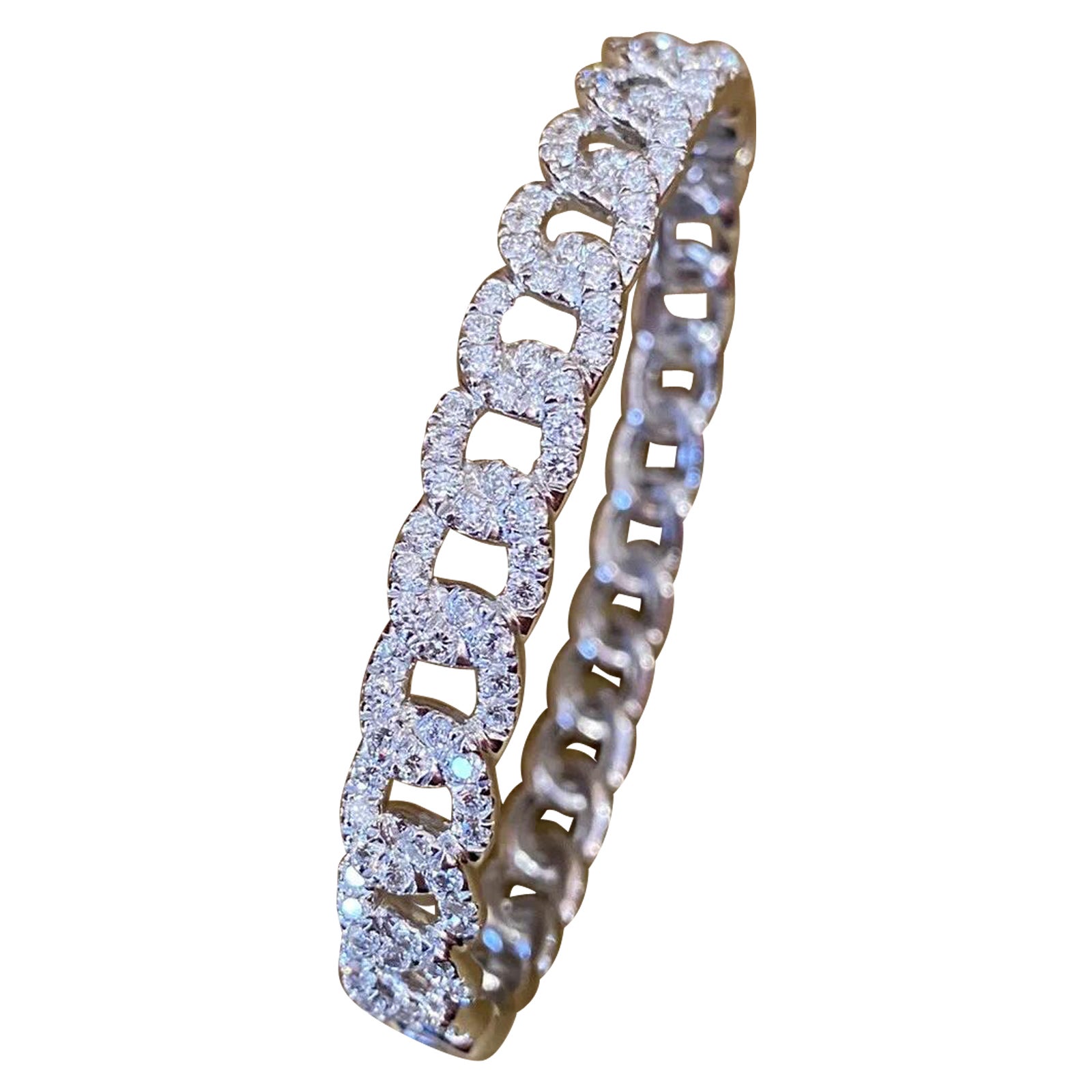 Odelia Diamond Curb Link Bangle Bracelet 2.79 Carats in 18k White Gold For Sale