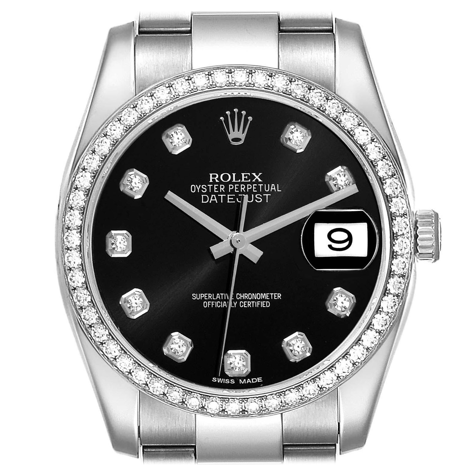 Rolex Datejust Black Dial Diamond Steel Mens Watch 116244 en vente