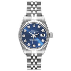 Vintage Rolex Datejust Blue Diamond Dial White Gold Steel Ladies Watch 79174