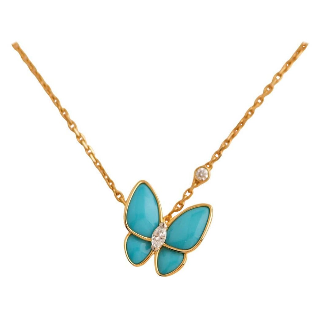 Van Cleef & Arpels 18K Yellow Gold Turquosie Two Butterfly Diamond Pendant For Sale