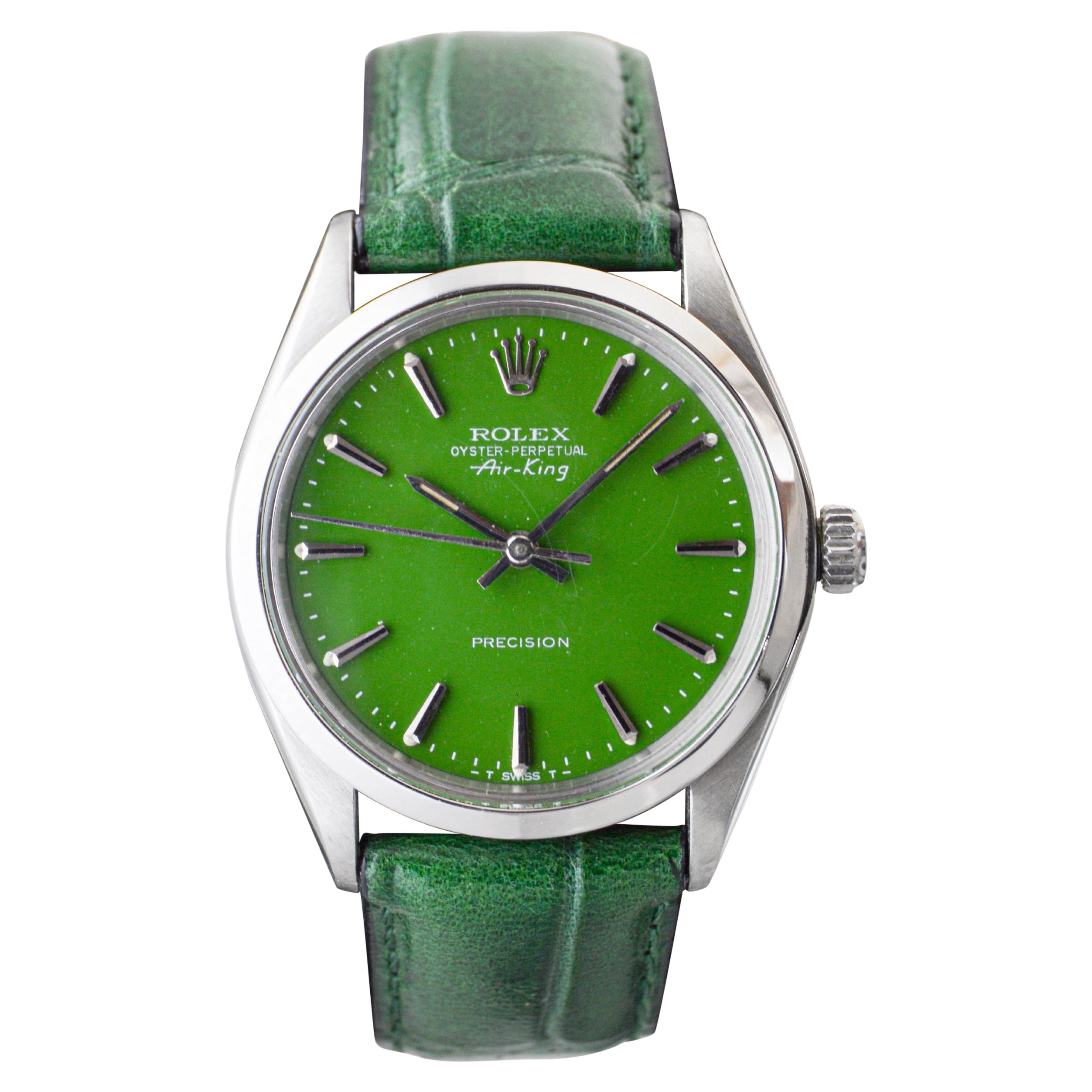 Rolex Steel Oyster Perpetual Air King with Custom Finished Green Dial, 1970's For Sale