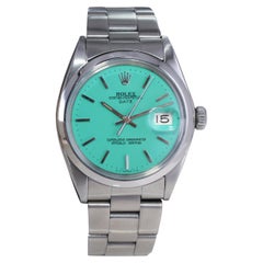 Rolex Oyster Perpetual Date de acero inoxidable con esfera azul Tiffany personalizada Años 70