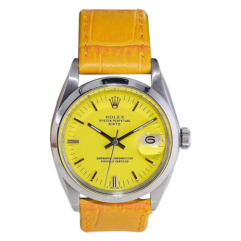 Rolex Montre Oyster Perpetual Date en acier inoxydable avec cadran jaune personnalisé, années 1970 en vente