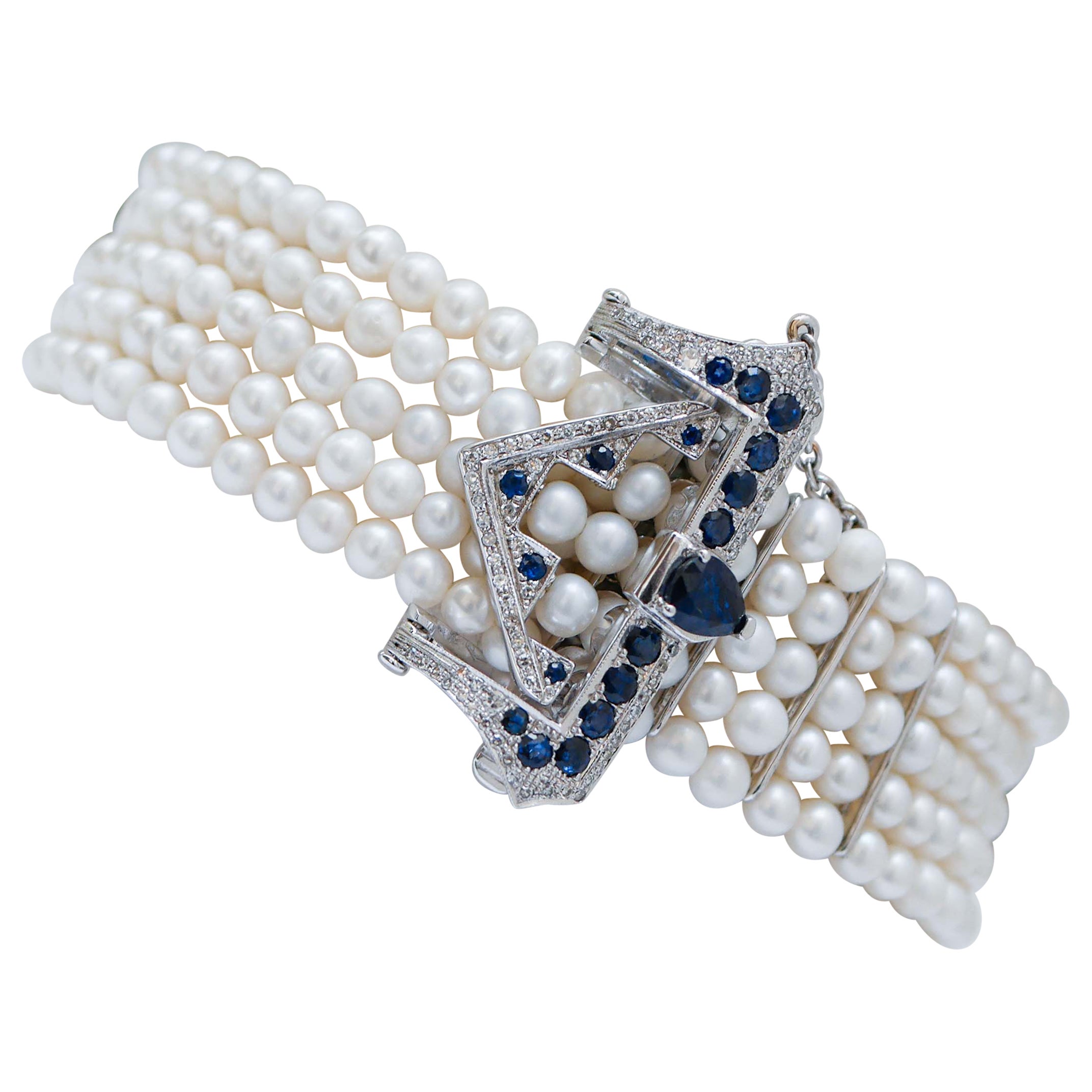 Pearls, Sapphires, Diamonds, 14 Kt White Gold Bracelet. For Sale