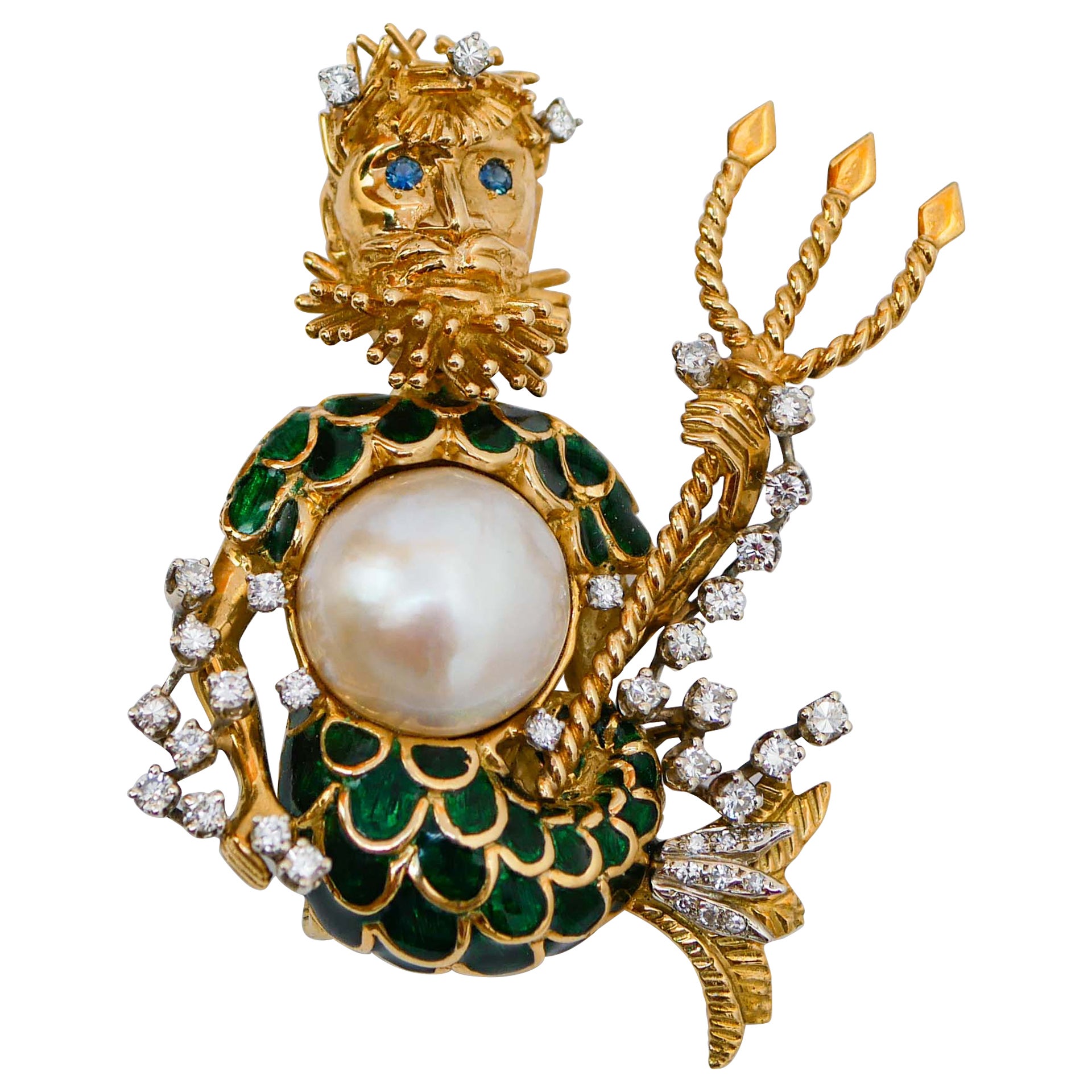 Pearl, Sapphires, Diamonds, Enamle, 18 Kt Yellow Gold Brooch. For Sale