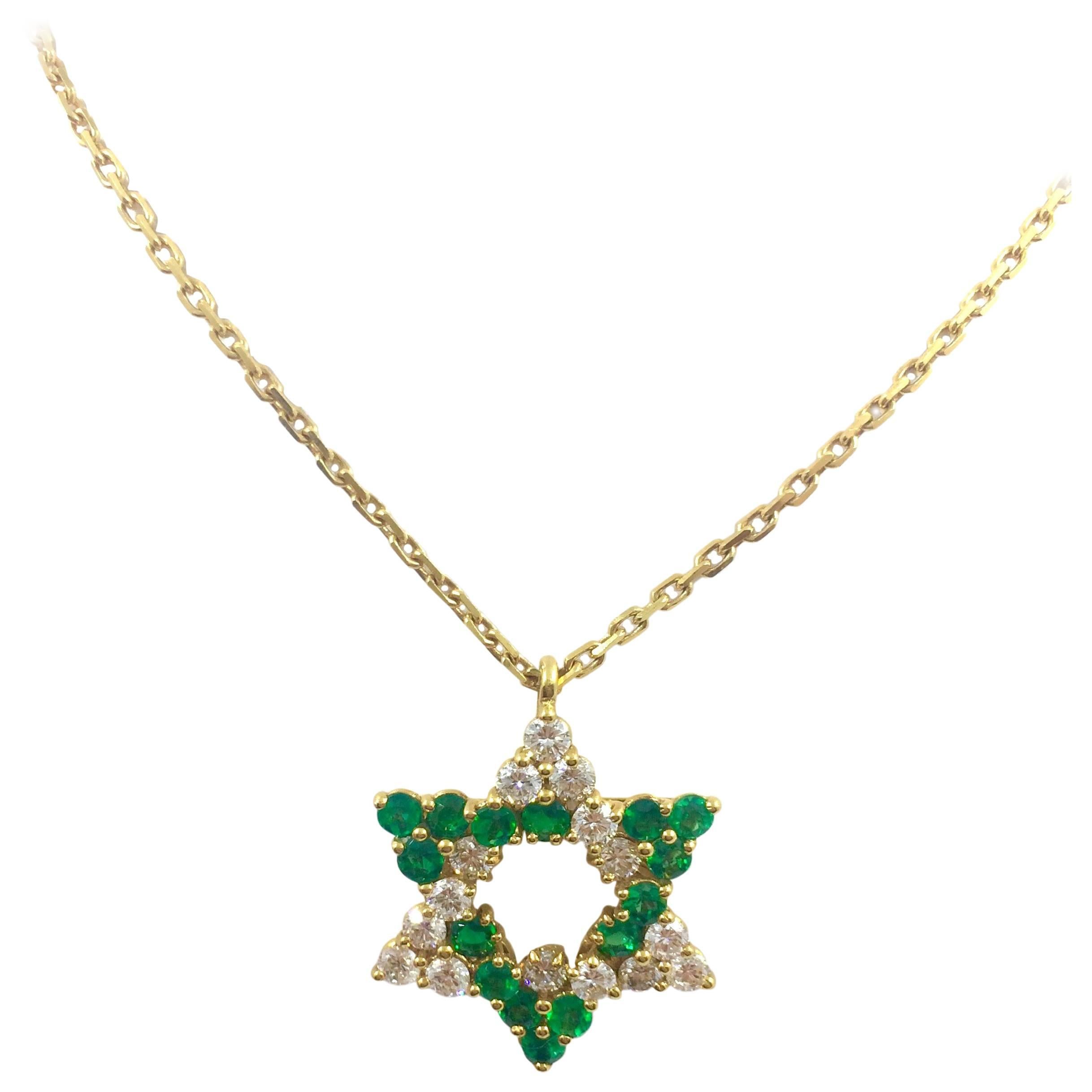 Star of David Emerald Diamond Gold Necklace
