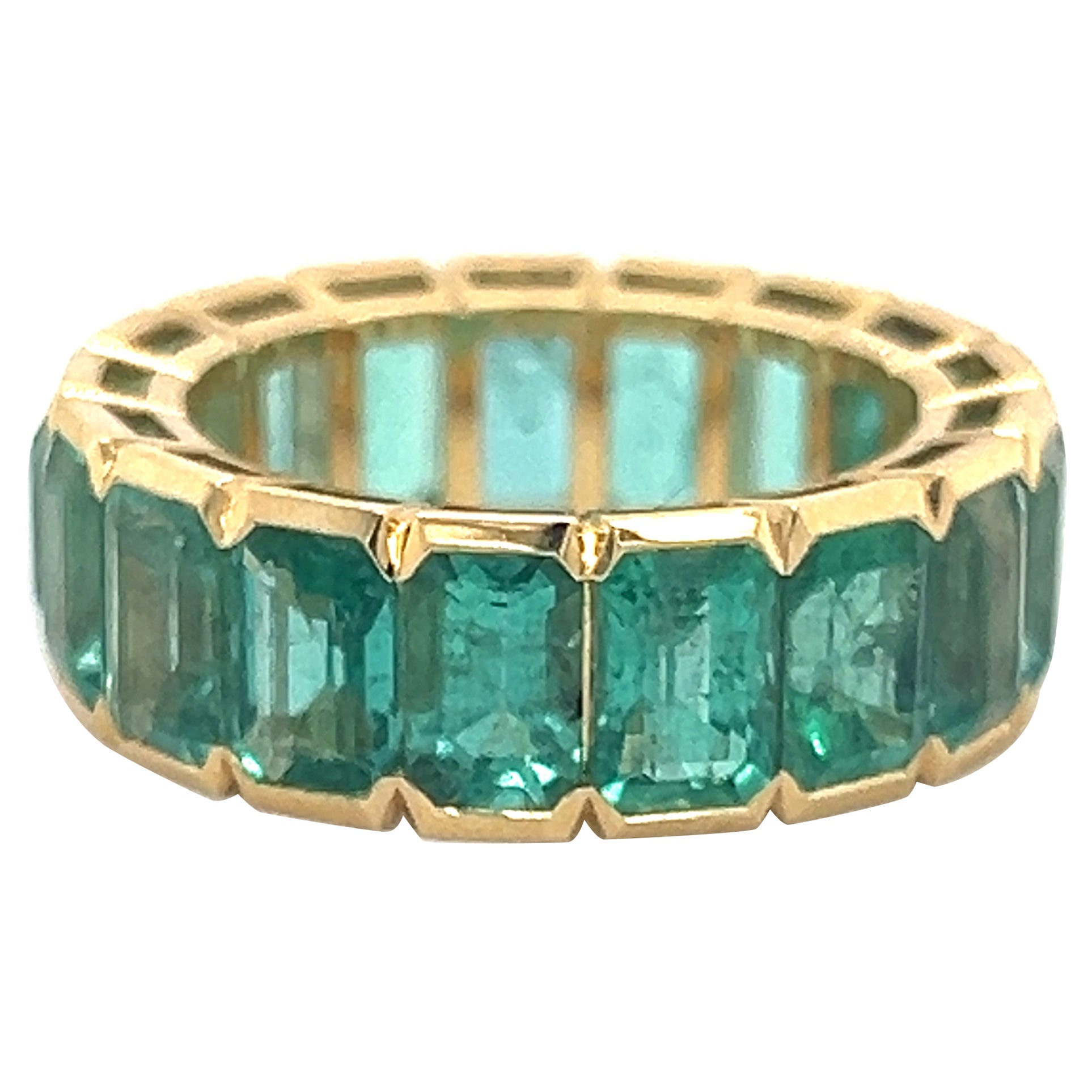 Colombian Emerald Gemstone 9.35 Carat Bezel Set Eternity Ring 18k Yellow Gold 