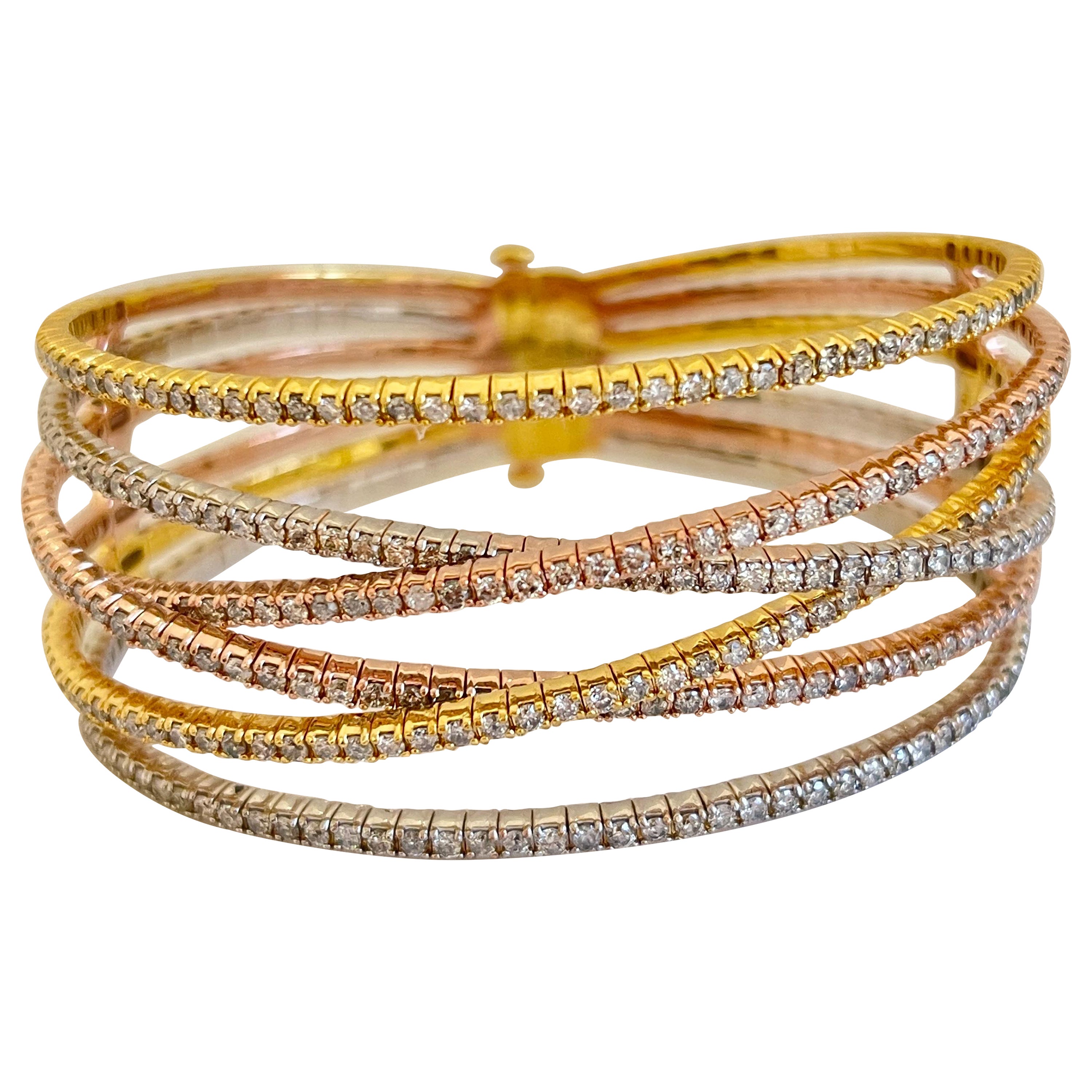 6.52 Carat Tri-Color 14K Gold 6 Row Diamond Mini Bangle For Sale