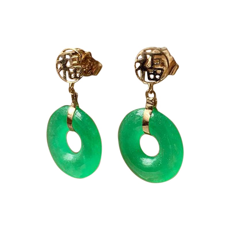 Fortune Jade Donut Disc drop and Dangle Earrings (with Solid 14K Yellow Gold)