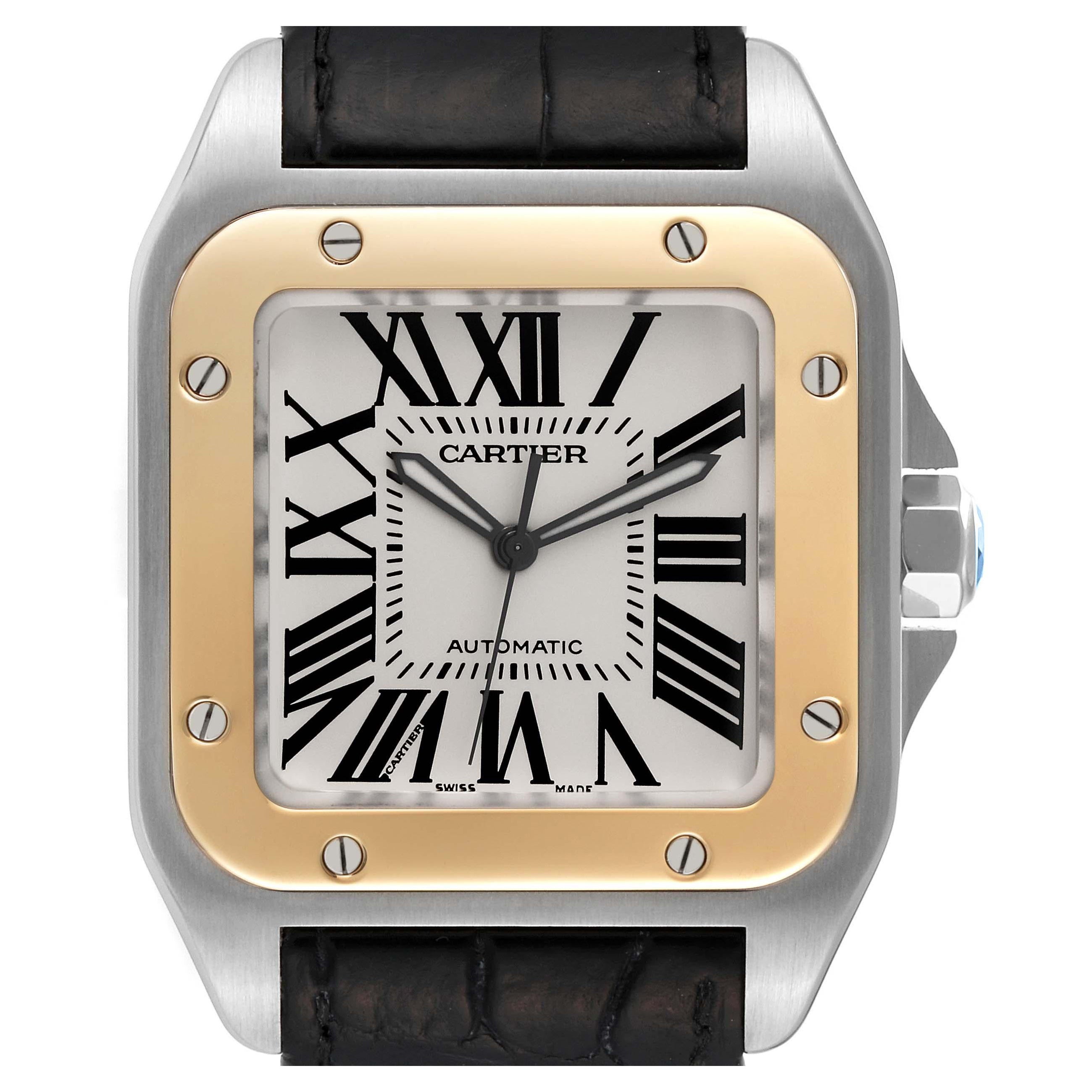 Cartier Santos 100 Steel Yellow Gold 38mm Silver Dial Mens Watch W20072X7 For Sale