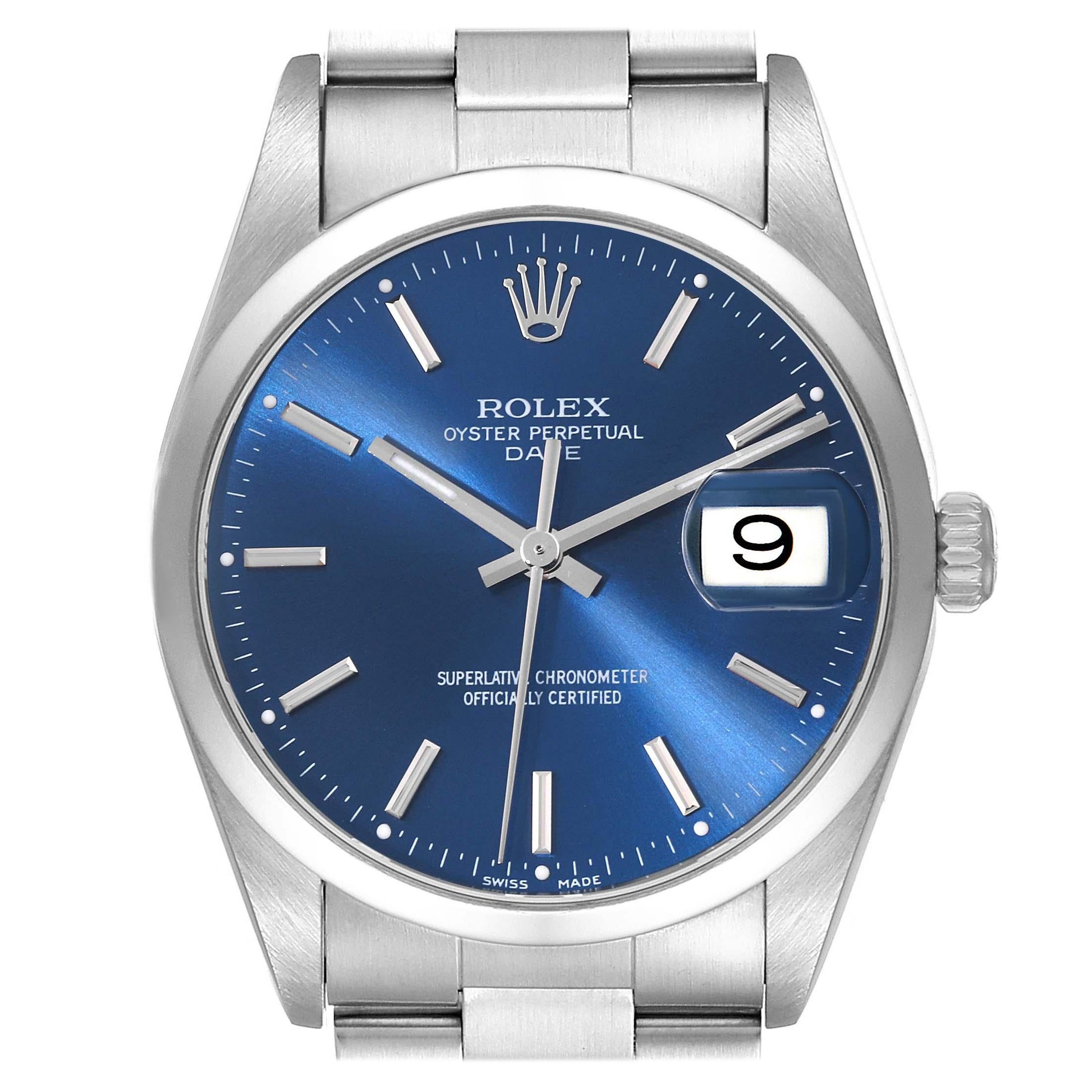 Rolex Date Blue Dial Smooth Bezel Steel Mens Watch 15200