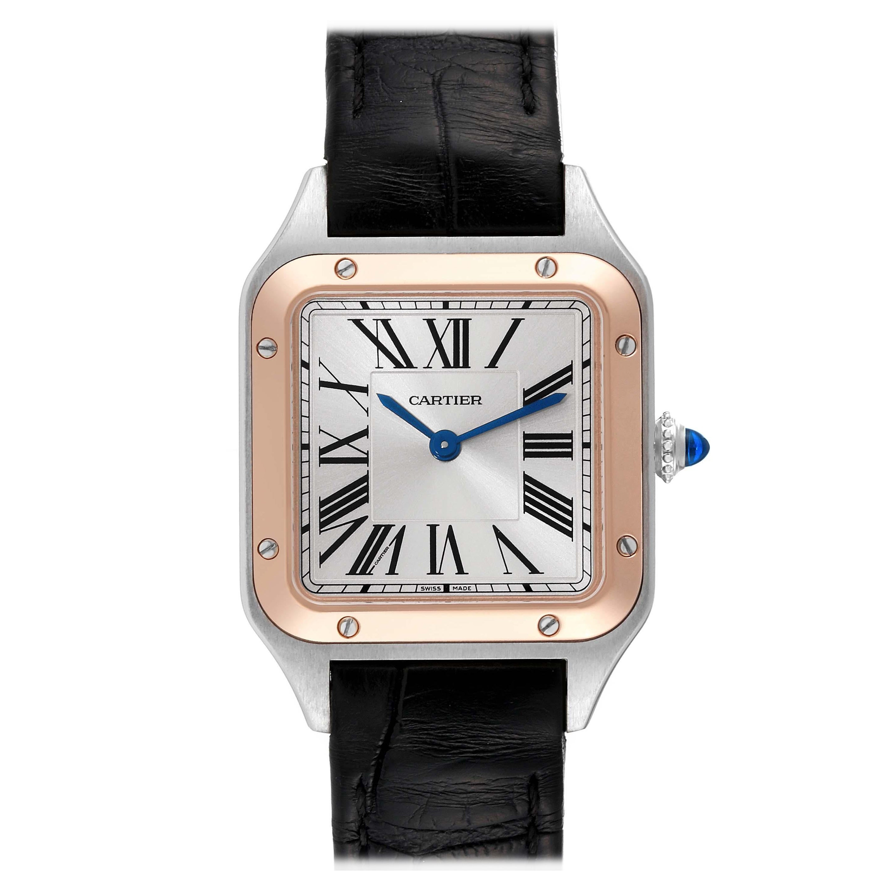 Cartier Santos Dumont Steel Rose Gold Silver Dial Ladies Watch W2SA0012 For Sale